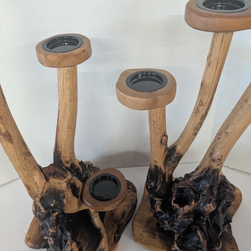 Vintage Candle Holder Wood Rustic Large Set Made Out of Burl-Wood - Picture 2 of 10